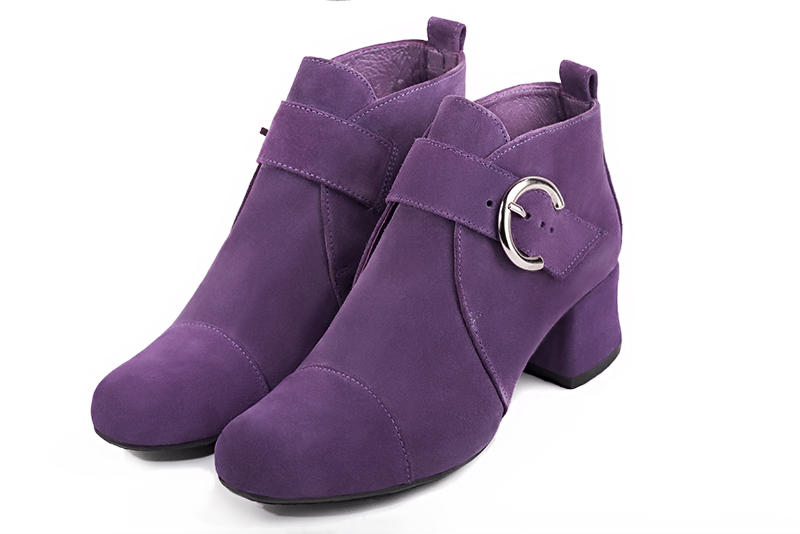 Amethyst purple women's ankle boots with buckles at the front. Round toe. Low flare heels. Front view - Florence KOOIJMAN